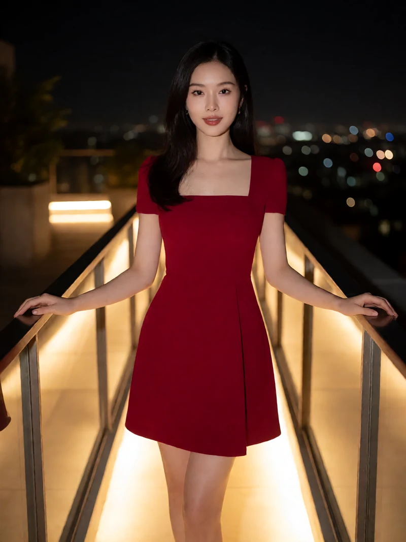 成年女性穿深红色短礼服，在夜间露台安全栏杆内面对镜头